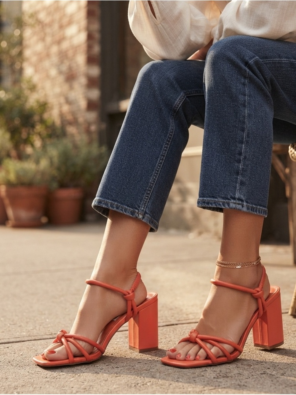 Steve Madden Tokio Faux Leather Knotted Square Toe Heel Sandals Orange Size 7